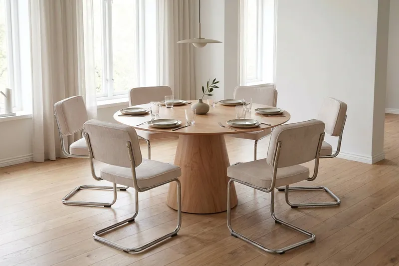 Siena-ruokailuryhmä pyöreä 130 cm tammi, 6 Milva-ruokatuolia - Tammi - Huonekalut - Pöytä & ruokailuryhmä - Ruokailuryhmä