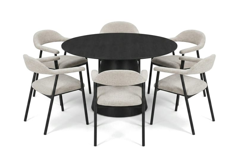 Siena-ruokailuryhmä pyöreä 130 cm, musta, 4 Ronja-ruokatuolia, Beige/musta