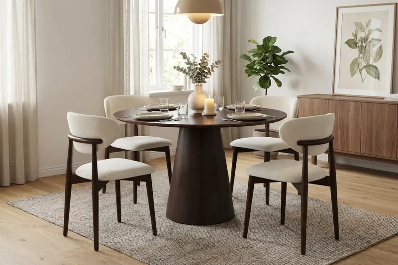 Siena-ruokailuryhmä pyöreä 110 cm savutammi, 4 Molly-ruokatuolia - Savutammi - Huonekalut - Pöytä & ruokailuryhmä - Ruokailuryhmä