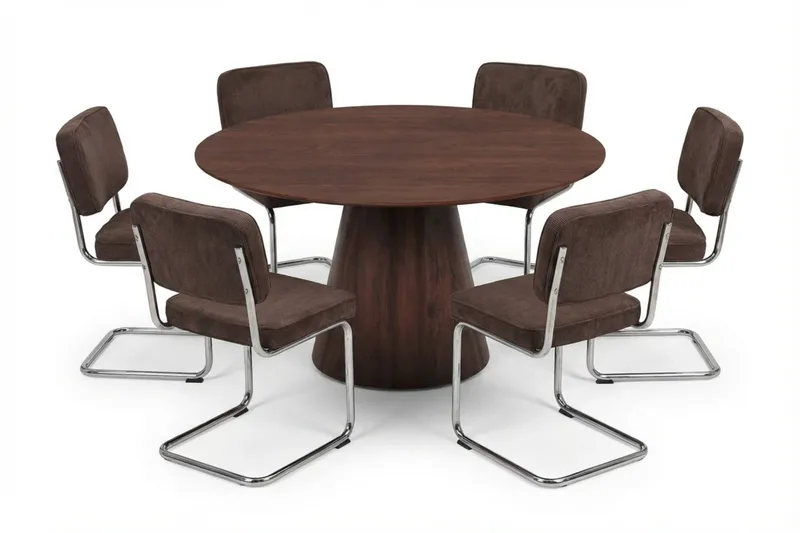 Siena-ruokailuryhmä pyöreä 150 cm pähkinäpuu, 6 Milva-ruokatuolia, Pähkinä