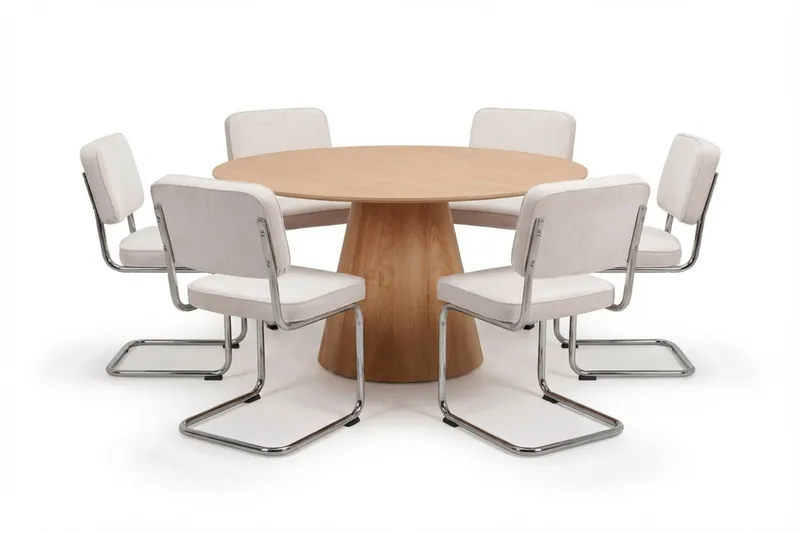 Siena-ruokailuryhmä pyöreä 150 cm tammi, 6 Milva-ruokatuolia - Tammi - Huonekalut - Pöytä & ruokailuryhmä - Ruokailuryhmä