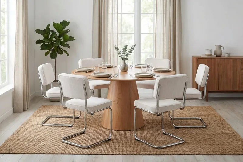 Siena-ruokailuryhmä pyöreä 150 cm tammi, 6 Milva-ruokatuolia - Tammi - Huonekalut - Pöytä & ruokailuryhmä - Ruokailuryhmä