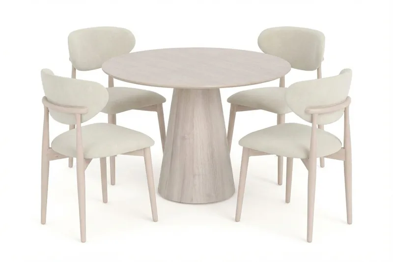 Siena-ruokailuryhmä pyöreä 110 cm valkolakattu, 4 Molly-ruokatuolia, Valkokuultolakattu