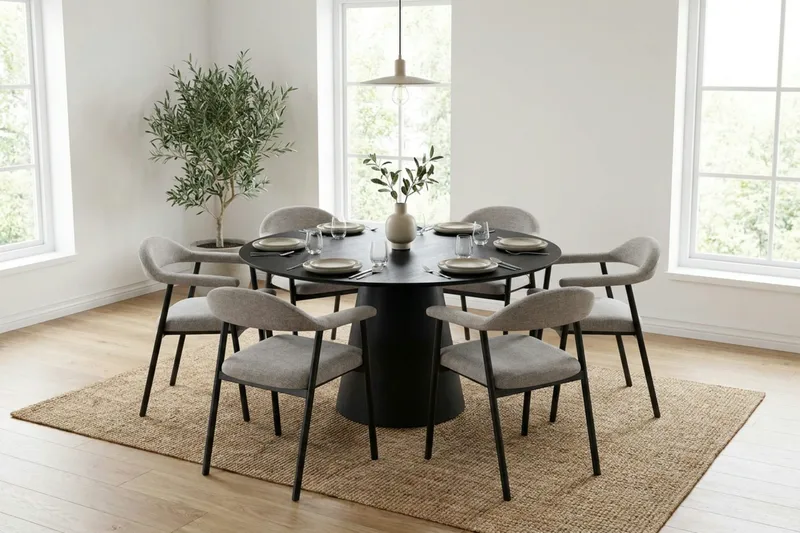 Siena-ruokailuryhmä pyöreä 150 cm, musta, 4 Ronja-ruokatuolia - Beige/musta - Huonekalut - Pöytä & ruokailuryhmä - Ruokailuryhmä