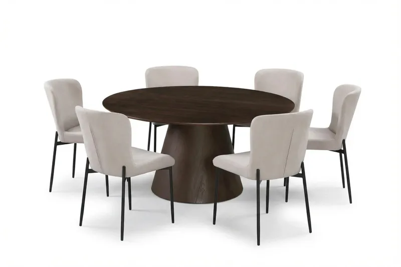 Siena Ruokailuryhmä Pyöreä 150 cm Savustettu Tammi ja 6 Elsie Ruokatuolia - Savustettu Tammi/Beige - Huonekalut - Pöytä & ruokailuryhmä - Ruokailuryhmä