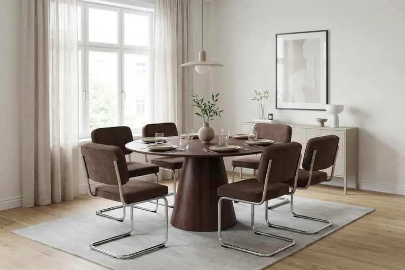 Siena-ruokailuryhmä pyöreä 150 cm pähkinäpuu, 6 Milva-ruokatuolia - Pähkinä - Huonekalut - Pöytä & ruokailuryhmä - Ruokailuryhmä