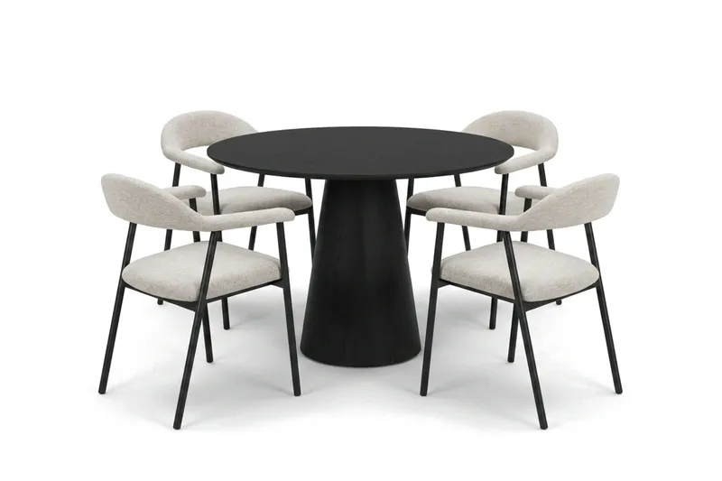 Siena-ruokailuryhmä pyöreä 110 cm, musta, 4 Ronja-ruokatuolia, Beige/musta