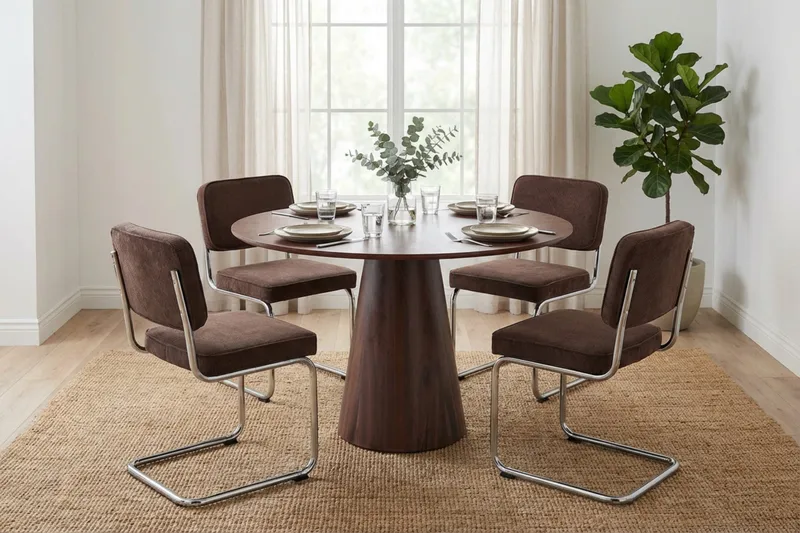 Siena-ruokailuryhmä pyöreä 110 cm pähkinäpuu, 4 Milva-ruokatuolia - Pähkinä - Huonekalut - Pöytä & ruokailuryhmä - Ruokailuryhmä