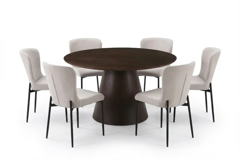 Siena Ruokailuryhmä Pyöreä 130 cm Savustettu Tammi ja 6 Elsie Ruokatuolia - Savustettu Tammi/Beige - Huonekalut - Pöytä & ruokailuryhmä - Ruokailuryhmä