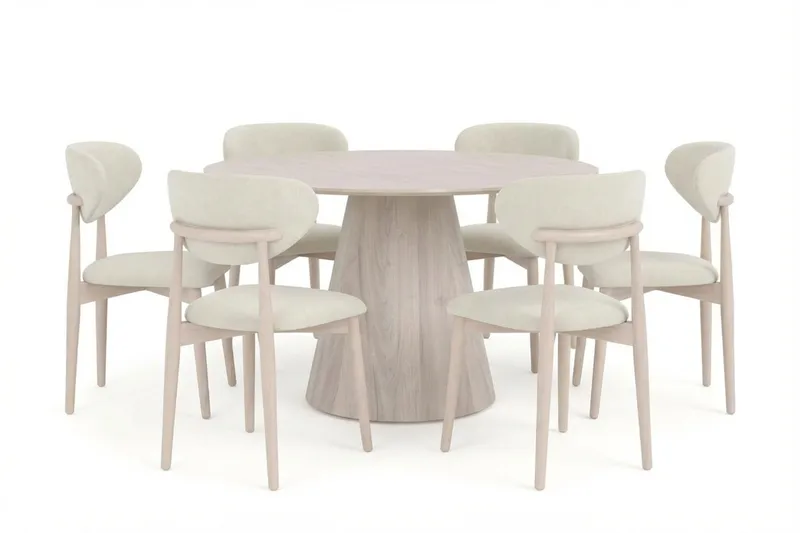Siena-ruokailuryhmä pyöreä 130 cm valkolakattu, 6 Molly-ruokatuolia, Valkokuultolakattu