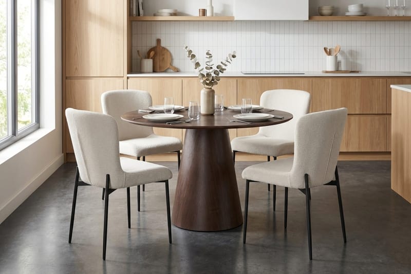 Siena Ruokailuryhmä Pyöreä 110 cm Savustettu Tammi ja 4 Elsie Ruokatuolia - Savustettu Tammi/Valkoinen - Huonekalut - Pöytä & ruokailuryhmä - Ruokailuryhmä