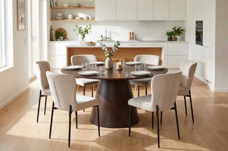 Siena Ruokailuryhmä Pyöreä 150 cm Savustettu Tammi ja 6 Elsie Ruokatuolia - Savustettu Tammi/Beige - Huonekalut - Pöytä & ruokailuryhmä - Ruokailuryhmä