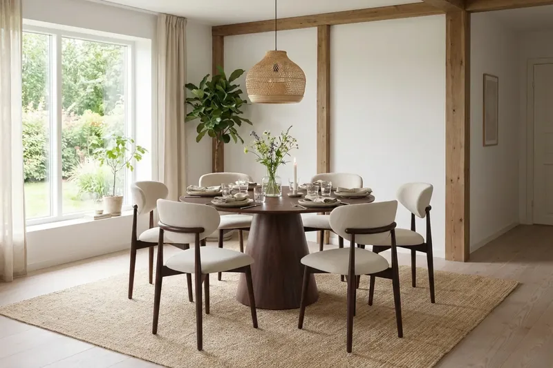 Siena-ruokailuryhmä pyöreä 150 cm pähkinäpuu, 6 Molly-ruokatuolia - Pähkinä - Huonekalut - Pöytä & ruokailuryhmä - Ruokailuryhmä