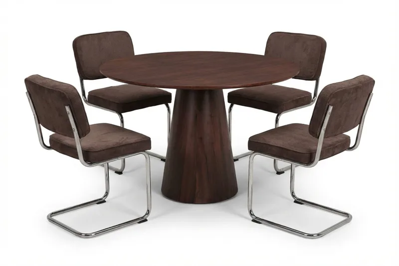 Siena-ruokailuryhmä pyöreä 110 cm pähkinäpuu, 4 Milva-ruokatuolia, Pähkinä