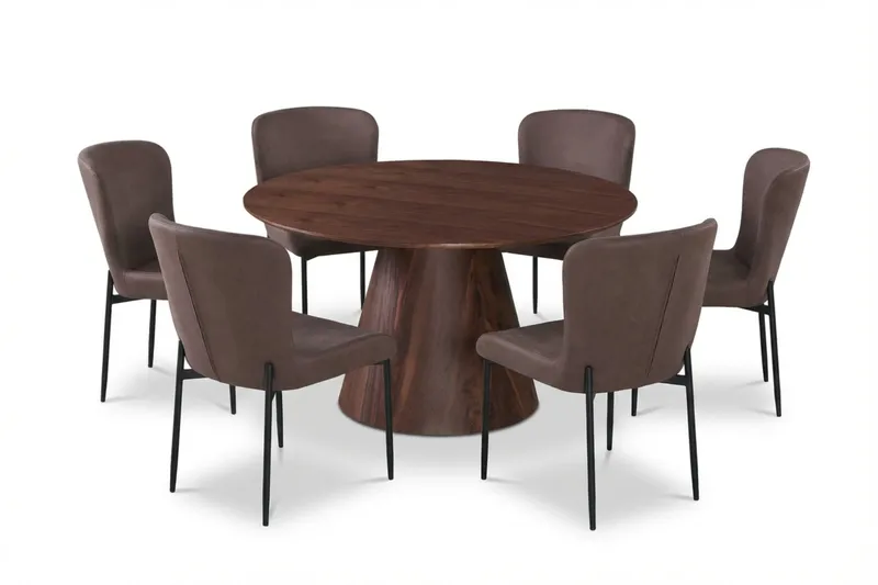 Siena Ruokailuryhmä Pyöreä 130 cm Pähkinä ja 6 Elsie Ruokatuolia, Pähkinä/Ruskea