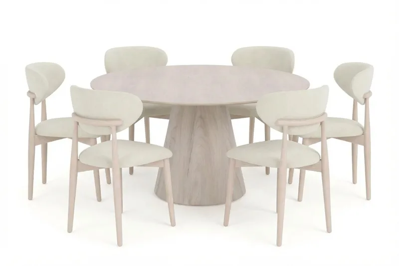 Siena-ruokailuryhmä pyöreä 150 cm valkolakattu, 6 Molly-ruokatuolia, Valkokuultolakattu