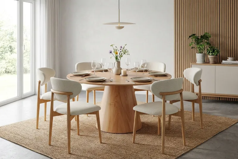 Siena-ruokailuryhmä pyöreä 130 cm tammi, 6 Molly-ruokatuolia - Tammi - Huonekalut - Pöytä & ruokailuryhmä - Ruokailuryhmä