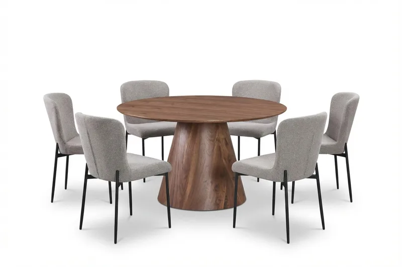 Siena Ruokailuryhmä Pyöreä 130 cm Pähkinä ja 6 Elsie Ruokatuolia, Pähkinä/Vaaleanharmaa