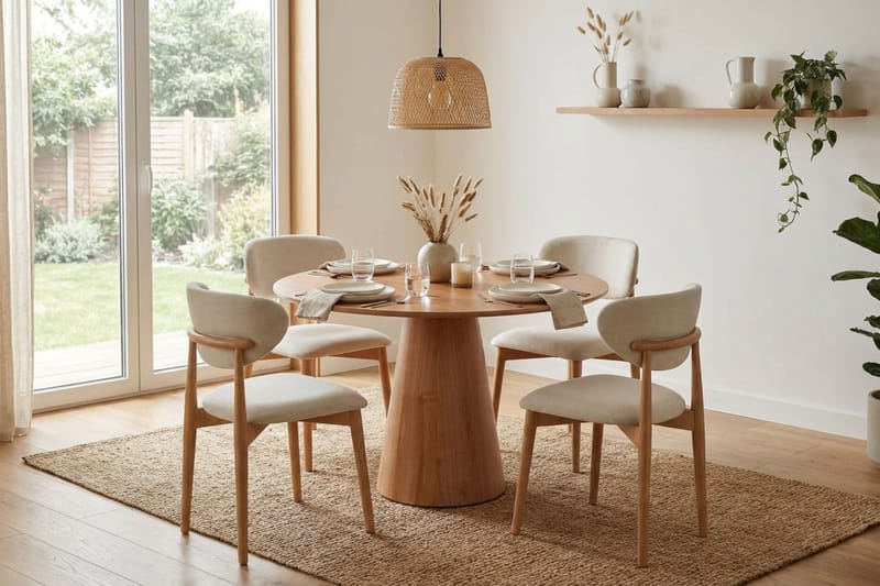 Siena-ruokailuryhmä pyöreä 110 cm tammi, 4 Molly-ruokatuolia - Tammi - Huonekalut - Pöytä & ruokailuryhmä - Ruokailuryhmä