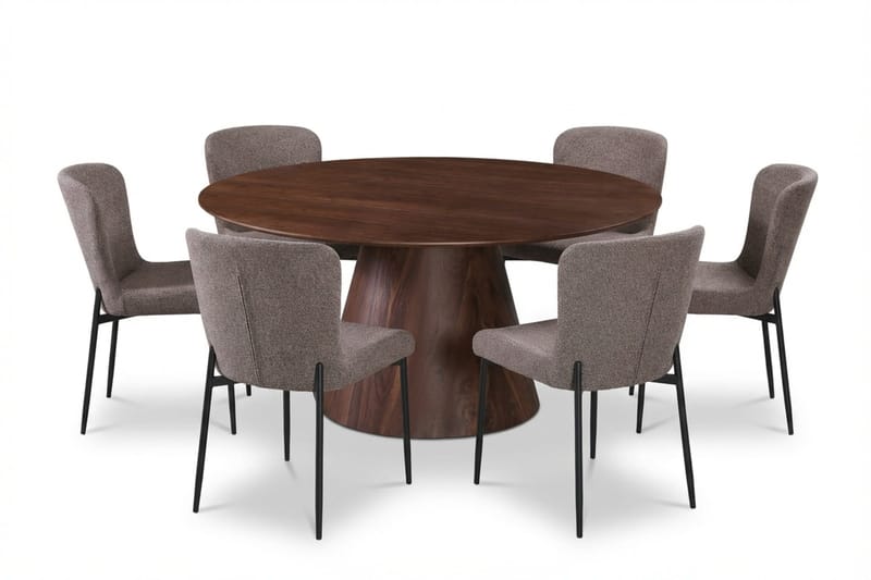 Siena Ruokailuryhmä Pyöreä 150 cm Pähkinä ja 6 Elsie Ruokatuolia - Pähkinä/Harmaa - Huonekalut - Pöytä & ruokailuryhmä - Ruokailuryhmä