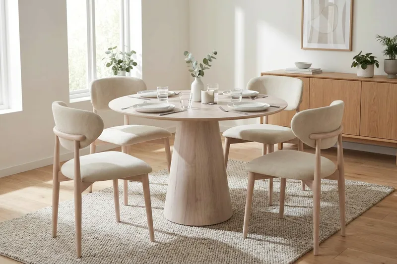 Siena-ruokailuryhmä pyöreä 110 cm valkolakattu, 4 Molly-ruokatuolia - Valkokuultolakattu - Huonekalut - Pöytä & ruokailuryhmä - Ruokailuryhmä
