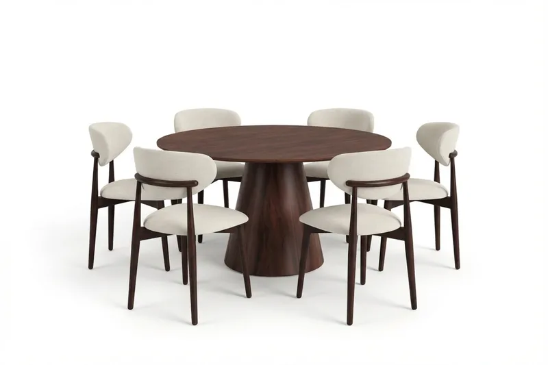 Siena-ruokailuryhmä pyöreä 130 cm pähkinäpuu, 6 Molly-ruokatuolia - Pähkinä - Huonekalut - Pöytä & ruokailuryhmä - Ruokailuryhmä