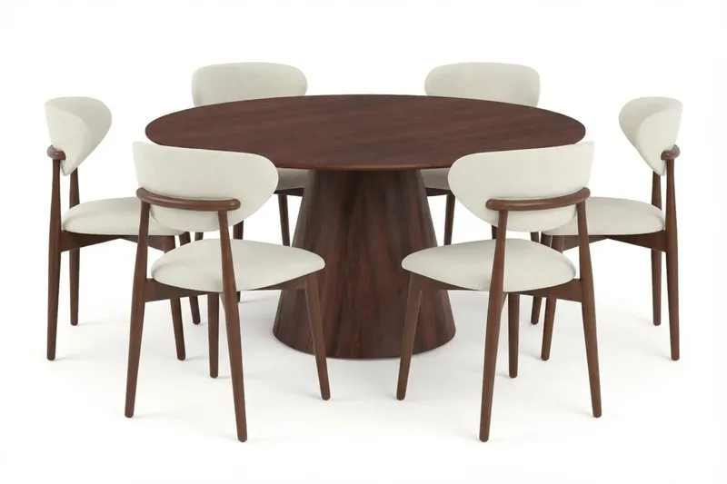 Siena-ruokailuryhmä pyöreä 150 cm pähkinäpuu, 6 Molly-ruokatuolia - Pähkinä - Huonekalut - Pöytä & ruokailuryhmä - Ruokailuryhmä