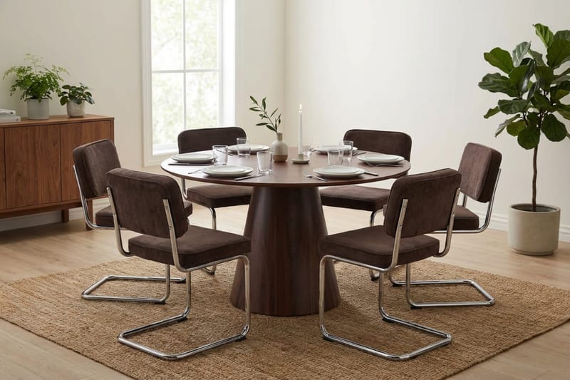 Siena-ruokailuryhmä pyöreä 130 cm pähkinäpuu, 6 Milva-ruokatuolia - Pähkinä - Huonekalut - Pöytä & ruokailuryhmä - Ruokailuryhmä