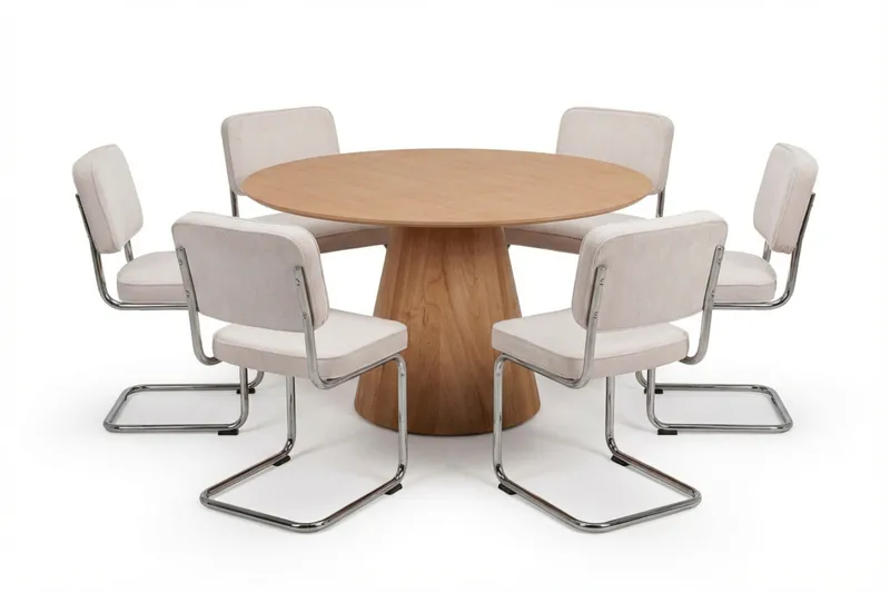 Siena-ruokailuryhmä pyöreä 130 cm tammi, 6 Milva-ruokatuolia, Tammi