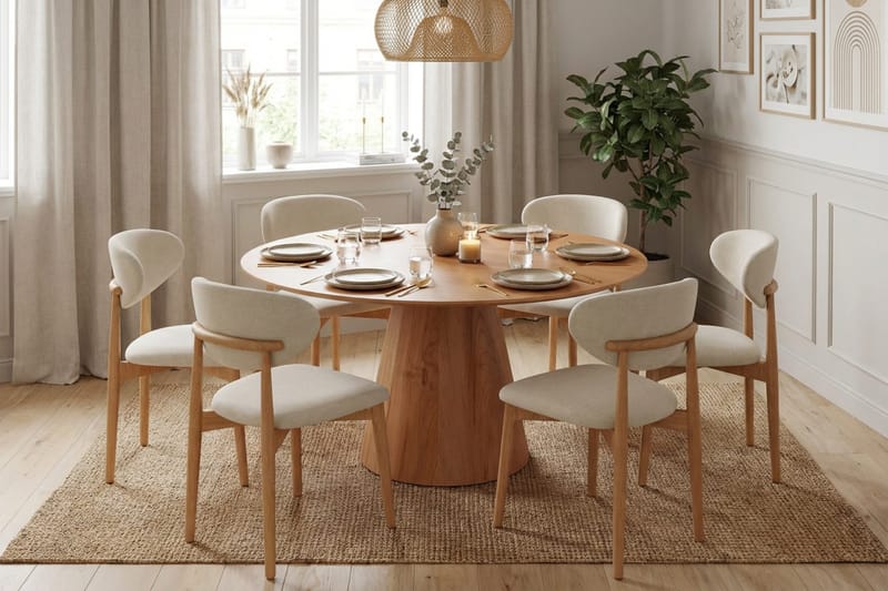 Siena-ruokailuryhmä pyöreä 150 cm tammi, 6 Molly-ruokatuolia - Tammi - Huonekalut - Pöytä & ruokailuryhmä - Ruokailuryhmä