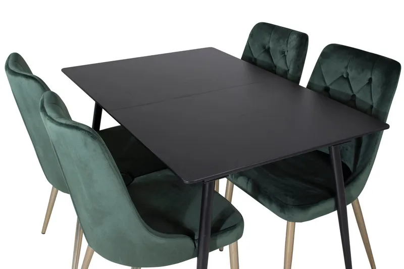 Silar-ruokailuryhmä, jatkettava, 120 cm, suorakulmainen, 4 Velvet Deluxe -tuolia - Musta/Kulta/Vihreä - Huonekalut - Pöytä & ruokailuryhmä - Ruokailuryhmä