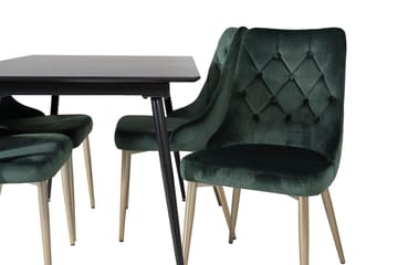 Silar-ruokailuryhmä, jatkettava, 120 cm, suorakulmainen, 4 Velvet Deluxe -tuolia - Musta/Kulta/Vihreä - Huonekalut - Pöytä & ruokailuryhmä - Ruokailuryhmä