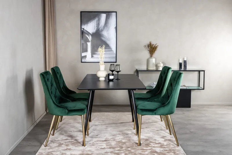 Silar-ruokailuryhmä, jatkettava, 120 cm, suorakulmainen, 4 Velvet Deluxe -tuolia, Musta/Kulta/Vihreä