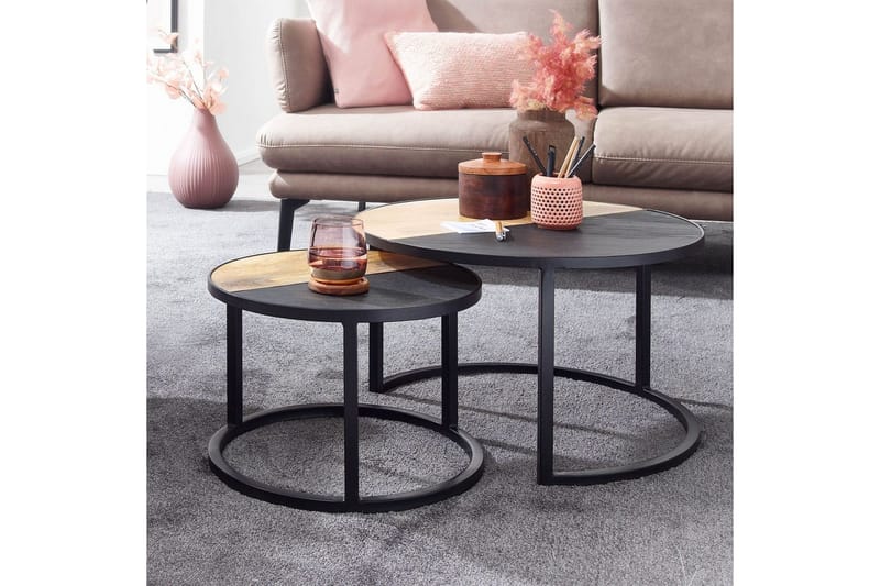 Sisaruspöytä Wohnling 2 kpl Massiivipuuta Kivioptiikka Metallisilla Jaloilla Teollinen - Huonekalut - Pöytä & ruokailuryhmä - Sohvapöytä