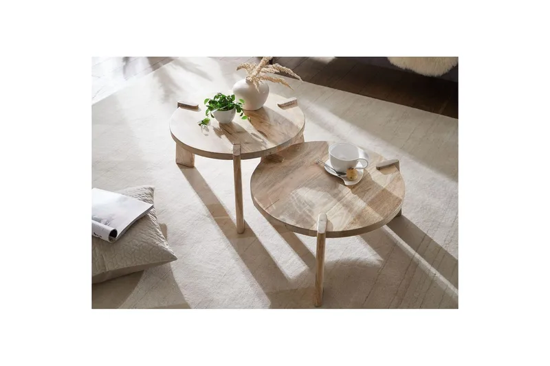 Sisaruspöytä Wohnling 2 kpl Pyöreää Massiivipuuta Massiivisilla Jaloilla Maalaistalo - Huonekalut - Pöytä & ruokailuryhmä - Sohvapöytä
