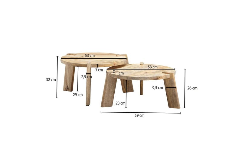 Sisaruspöytä Wohnling 2 kpl Pyöreää Massiivipuuta Massiivisilla Jaloilla Maalaistalo - Huonekalut - Pöytä & ruokailuryhmä - Sohvapöytä