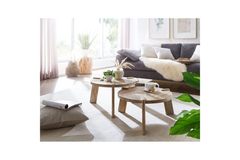 Sisaruspöytä Wohnling 2 kpl Pyöreää Massiivipuuta Massiivisilla Jaloilla Maalaistalo - Huonekalut - Pöytä & ruokailuryhmä - Sohvapöytä