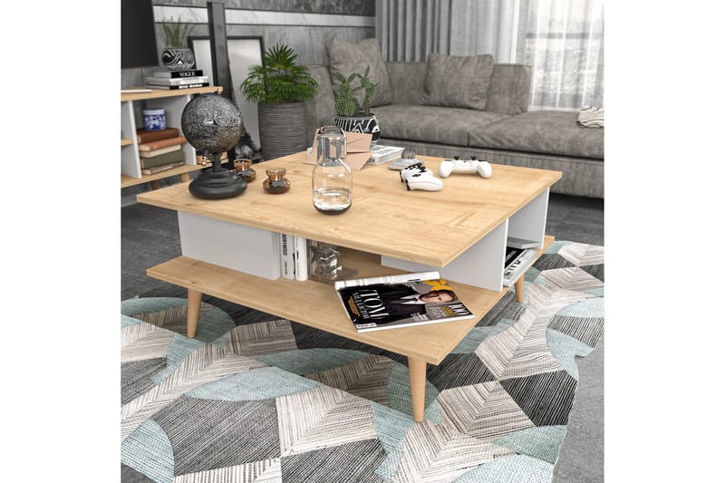 Andifli 89 cm neliömäinen sohvapöytä hyllyillä tammea - Beige - Huonekalut - Pöytä & ruokailuryhmä - Sohvapöytä