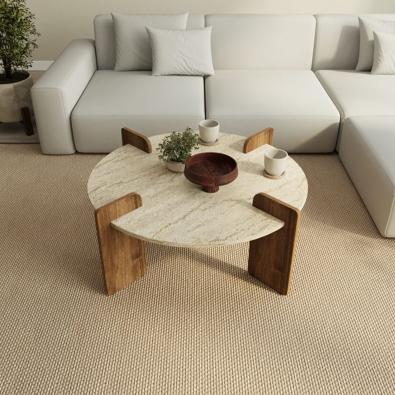 Sohvapöytä Hanah Home Avoure (90 x 35 x 90 cm) Travertine Walnut - Travertiini ja pähkinä - Huonekalut - Pöytä & ruokailuryhmä - Sohvapöytä