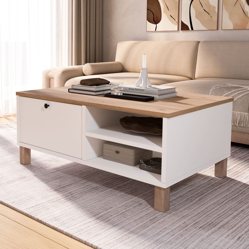 Sohvapöytä Hanah Home Nord (90 x 38,6 x 60 cm) Valkotammi - Valkoinen ja tammi - Huonekalut - Pöytä & ruokailuryhmä - Sohvapöytä