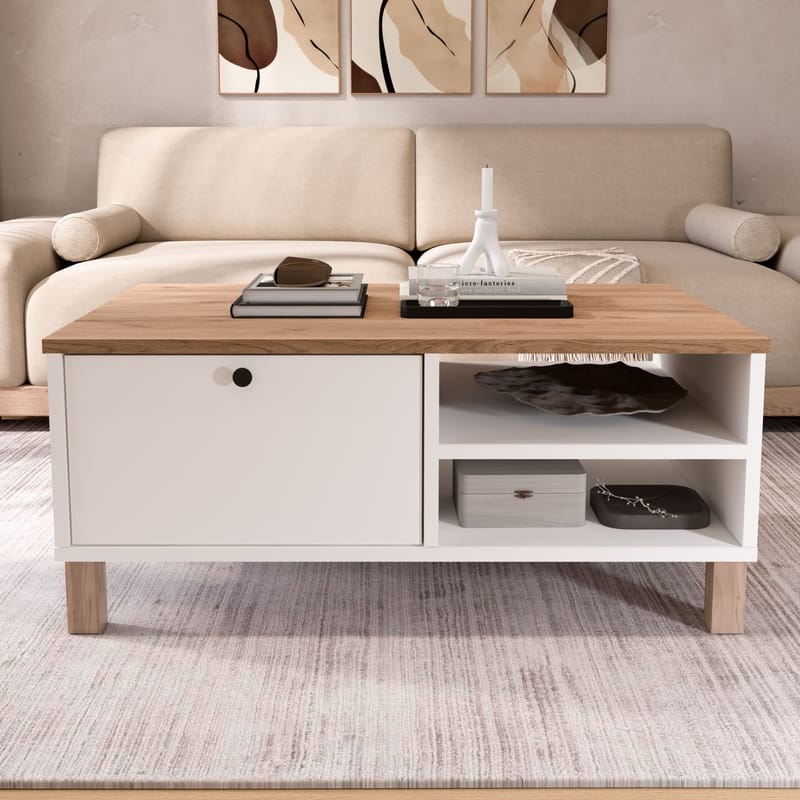Sohvapöytä Hanah Home Nord (90 x 38,6 x 60 cm) Valkotammi - Valkoinen ja tammi - Huonekalut - Pöytä & ruokailuryhmä - Sohvapöytä