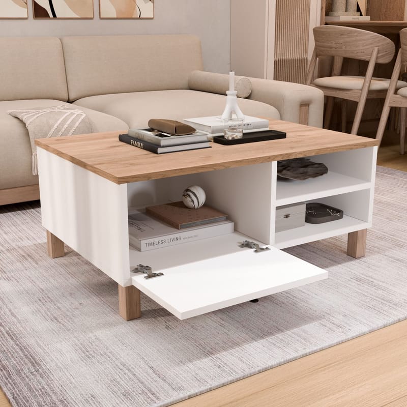 Sohvapöytä Hanah Home Nord (90 x 38,6 x 60 cm) Valkotammi - Valkoinen ja tammi - Huonekalut - Pöytä & ruokailuryhmä - Sohvapöytä