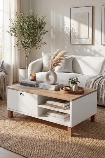 Sohvapöytä Hanah Home Nord (90 x 38,6 x 60 cm) Valkotammi - Valkoinen ja tammi - Huonekalut - Pöytä & ruokailuryhmä - Sohvapöytä