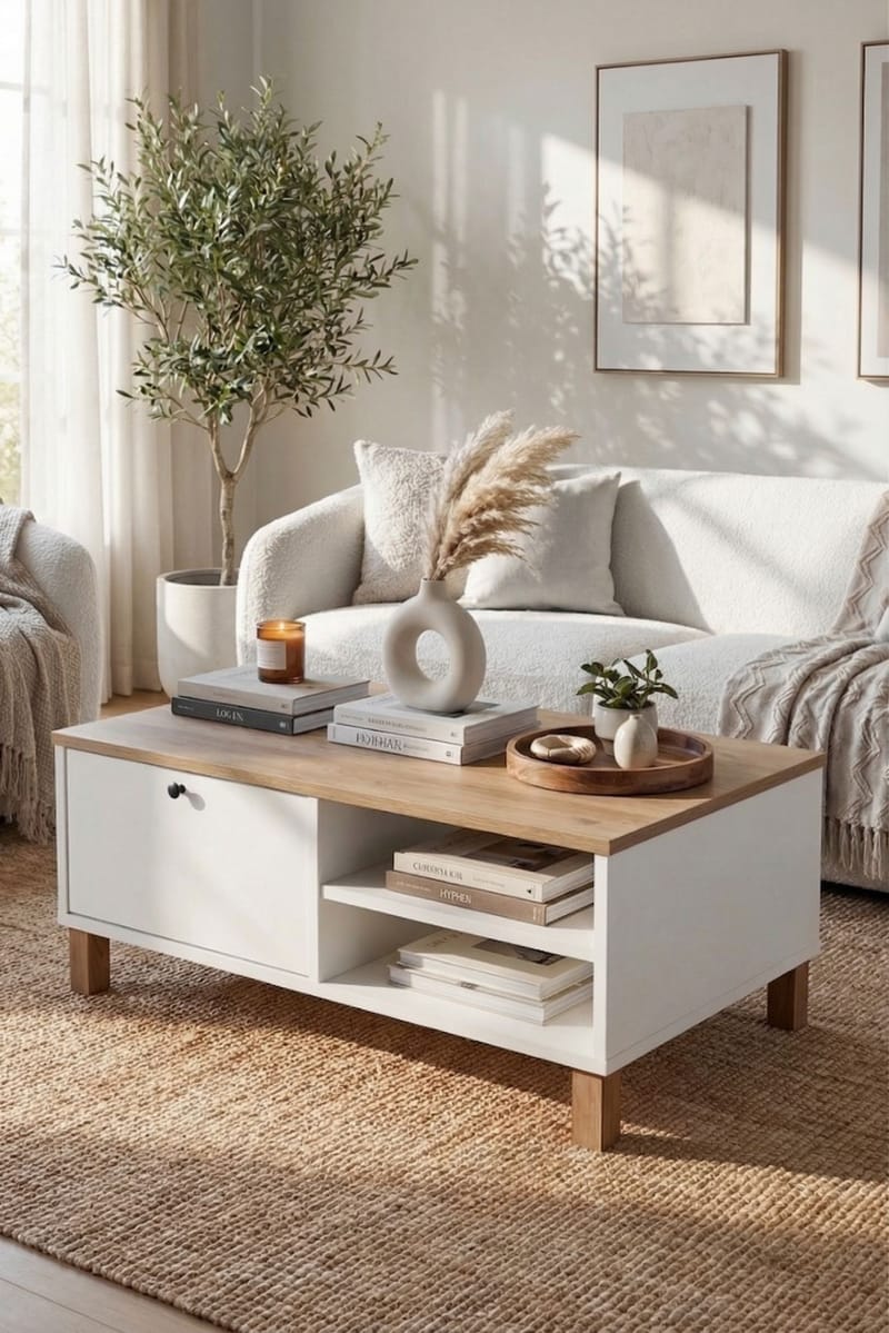 Sohvapöytä Hanah Home Nord (90 x 38,6 x 60 cm) Valkotammi - Valkoinen ja tammi - Huonekalut - Pöytä & ruokailuryhmä - Sohvapöytä