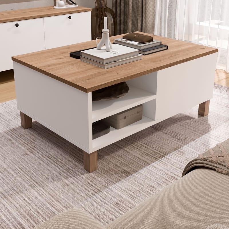 Sohvapöytä Hanah Home Nord (90 x 38,6 x 60 cm) Valkotammi - Valkoinen ja tammi - Huonekalut - Pöytä & ruokailuryhmä - Sohvapöytä