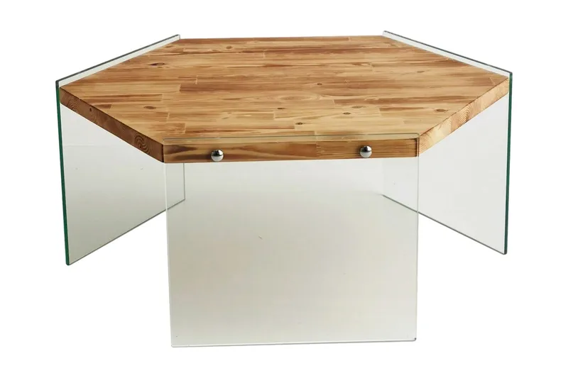 Huven 80 cm Hexagon sohvapöytä lasijaloilla männystä, Luonnonvärinen