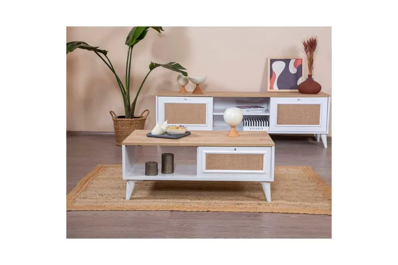 Sohvapöytä Jatinder Valkoinen / Tammi - Valkoinen / Tammi - Huonekalut - Pöytä & ruokailuryhmä - Sohvapöytä