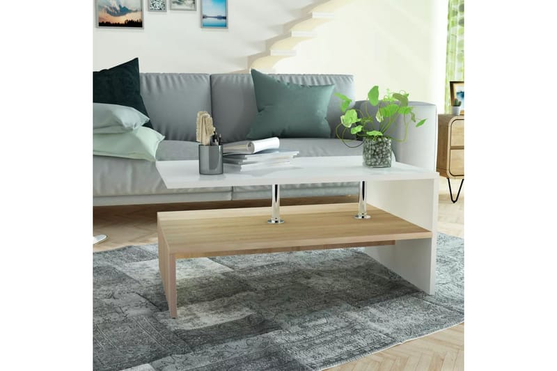 Kahvipöytä Lastulevy 90x59x42 cm Tammi ja Valkoinen - Valkoinen - Huonekalut - Pöytä & ruokailuryhmä - Sohvapöytä