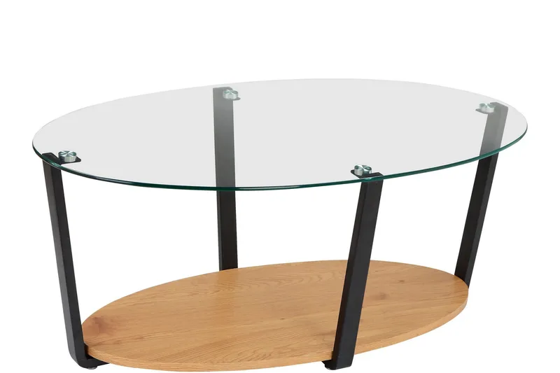 Mohaklo 110x60 cm soikea sohvapöytä lasia säilytyksellä ja metallijaloilla, Kirkas
