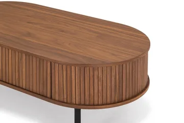 Noira ovaali sohvapöytä 118x60 cm, pähkinäpuun näköistä puuta ja uritetut laatikot - Ruskea - Huonekalut - Pöytä & ruokailuryhmä - Sohvapöytä - Sohvapöytä säilytystilalla